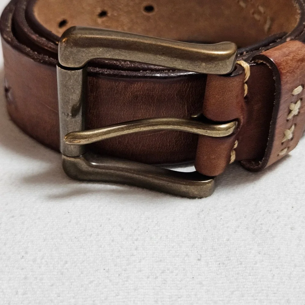 Handmade Brown Italian Leather Belt XL Antique Brass Roller Buckle Cross Stitch
